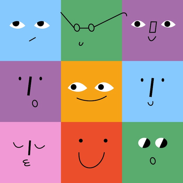 Vector illustration set of square cartoon faces with different emotions Seamless patterns