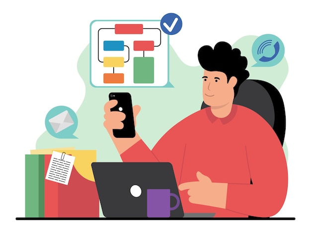 vector illustration with businessman at work in work progress
