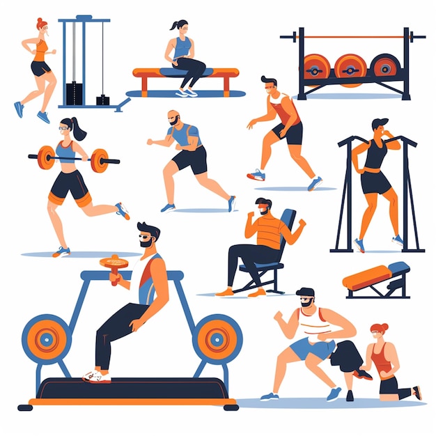 Vektorcollection med människor på sportgym. Hälsosam träningssport. Vektorillustrationscollection