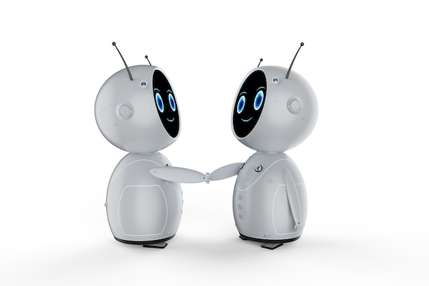 Venlig 3D-rendering af en robot hånd, der ryster på hvid baggrund