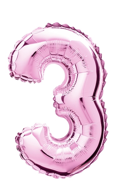 Vertical shot of a number 3 rose gold balloon isolated on a white background