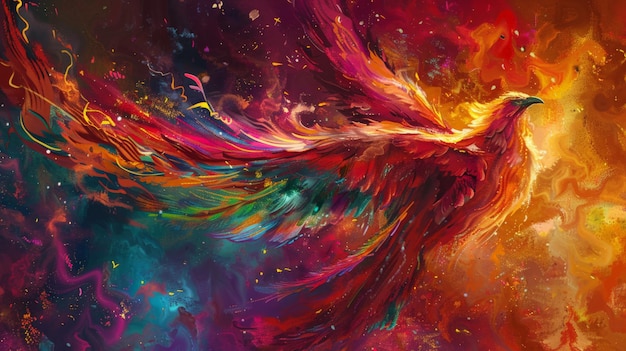 Vibrant colorful painting of a Phoenix rising from flames symbolizing rebirth and immortality amidst a cosmic background of swirling colors and stars