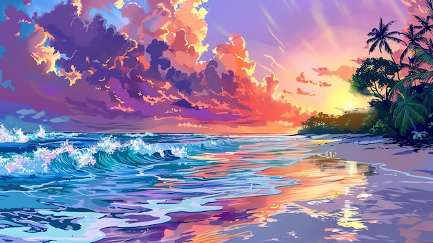 vibrant colors of a beach sunset the sky is ablaze with orange pink and purple
