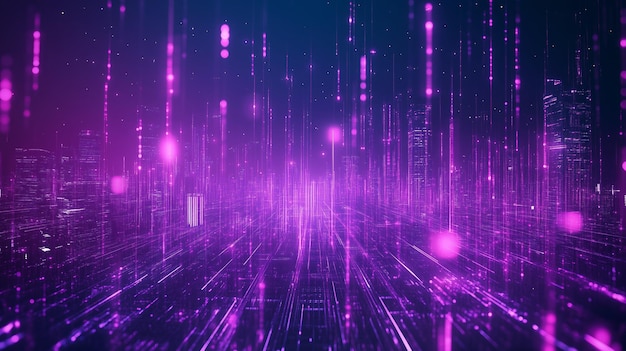 Vibrant digital landscape with flowing light trails and glowing particles in shades of purple depicting a futuristic atmosphere