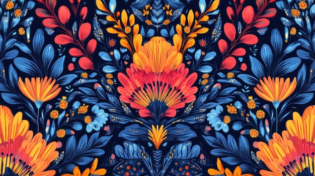 Vibrant floral pattern with bold colors and intricate details