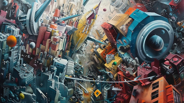 vibrant futuristic cityscape with intricate structures advanced technology and surreal details showcasing imaginative urban design