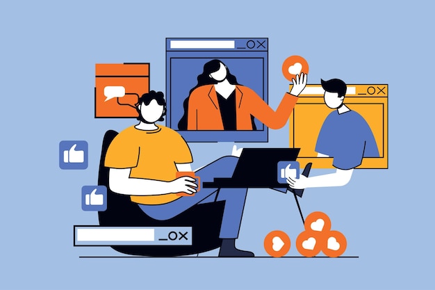 video chatting concept with people scene in flat design for web man and woman connecting and talking online using computer program vector illustration for social media banner marketing material