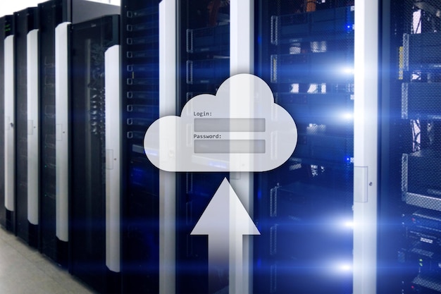 Vindue til anmodning om login og adgangskode til datalagring i Cloudcomputing på serverrum baggrund. Internet- og teknologi koncept