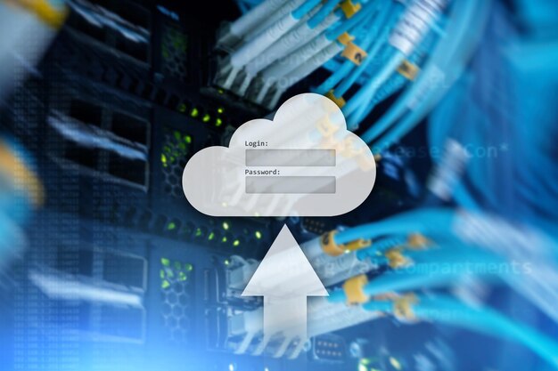 Vindue til anmodning om login og adgangskode til datalagring i Cloudcomputing på serverrum baggrund. Internet- og teknologi koncept