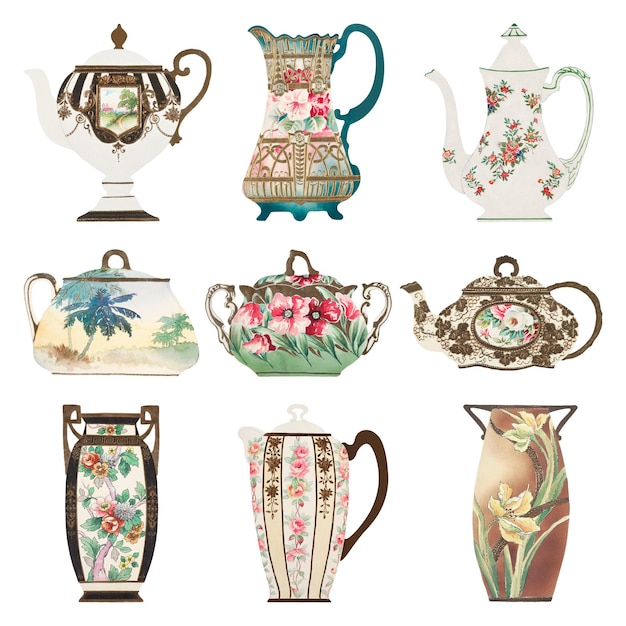 vintage png floral pattern on tableware design set remixed from noritake factory china porcelain design