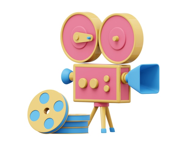 Vintage red cartoon style movie camera Funny retro video camera 3D rendering Icon on white background