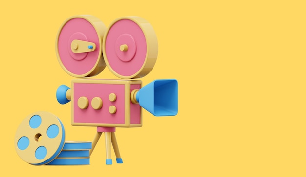 Vintage red cartoon style movie camera Funny retro video camera 3D rendering Icon on yellow background text space