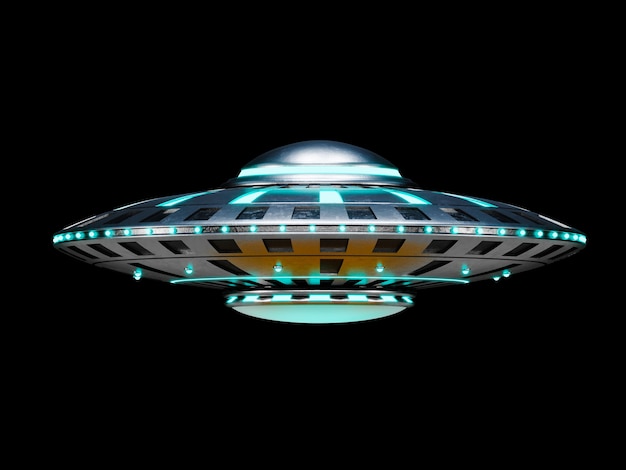 Vintage UFO isolated on black. 3d illustration.