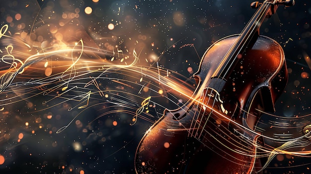 Violin with glowing musical notes and bokeh lights