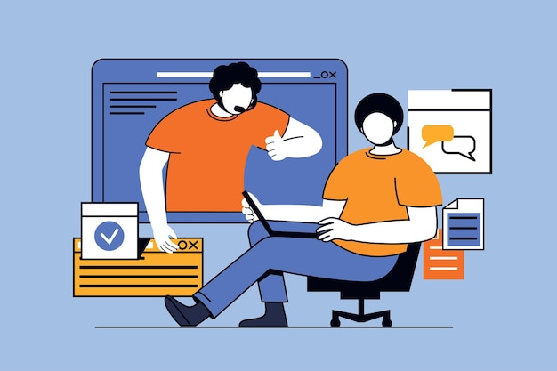Virtual assistant concept with people scene in flat design for web Man calling to helpdesk and getting help and solving problem Vector illustration for social media banner marketing material