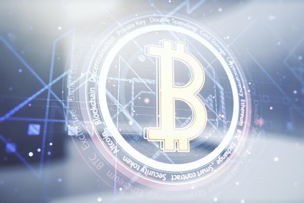 Virtual Bitcoin hologram on empty corporate office background Multiexposure