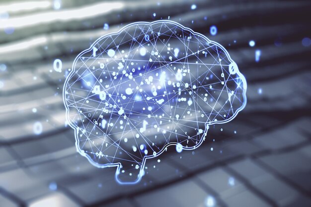 virtual creative artificial intelligence hologram with human brain sketch on abstract metal background double exposure