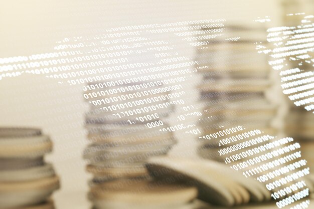 Virtual digital map of North America on stacks of coins background international trading concept Multiexposure