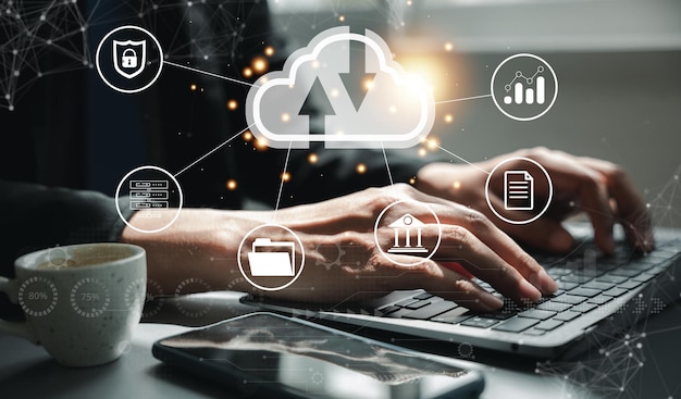 Virtual screen with cloud computing diagram displayed by a man