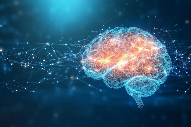 Visual representation of a brain formed by glowing connections and nodes illustrating neural pathway