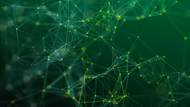 Visualization of big data The concept of network connectivity Abstract green background with lines and dots of different colors 3D rendering