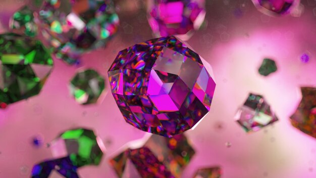 Vivid d animation of emerald green and multihued diamonds on a soft pink background