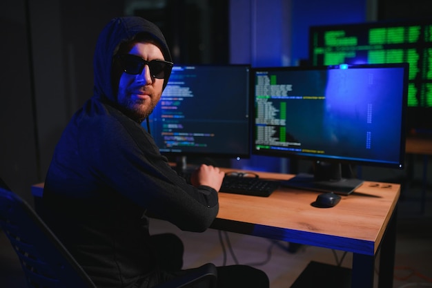 Wanted hackers coding virus ransomware using laptops and computers Cyber attack system breaking and malware concept
