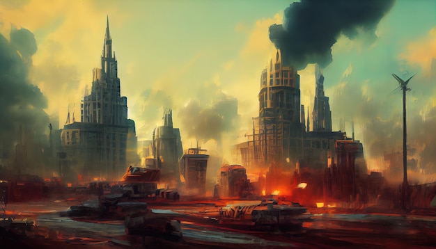 war near the futuristic city digital art illustration painting