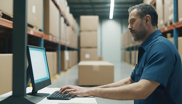 Warehouseman checking delivery stock in warehouse on computer pc Warehouse manager