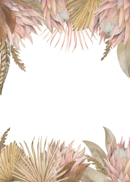 Watercolor bohemian frame with tropical leaves proteas dried palm leaves Beige Element for wedding design invitation