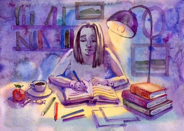 watercolor illustration of a girl blogger sitting at table