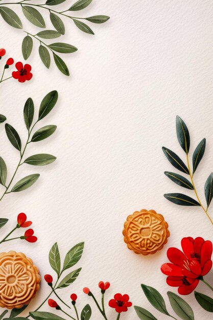 Watercolor illustration of festive mooncakes with intricate patterns and autumn flowers for Mid Autu