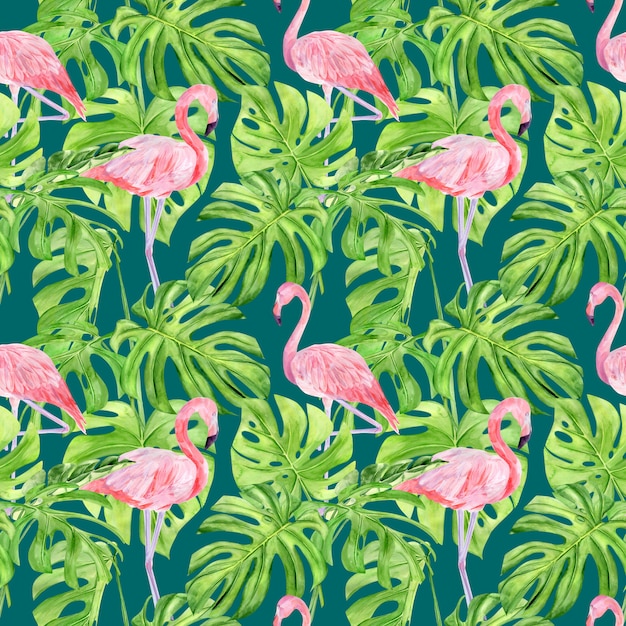 Watercolor illustration seamless pattern of tropical leaves and pink flamingo. 