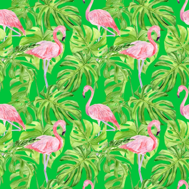 watercolor illustration seamless pattern of tropical leaves and pink flamingo.