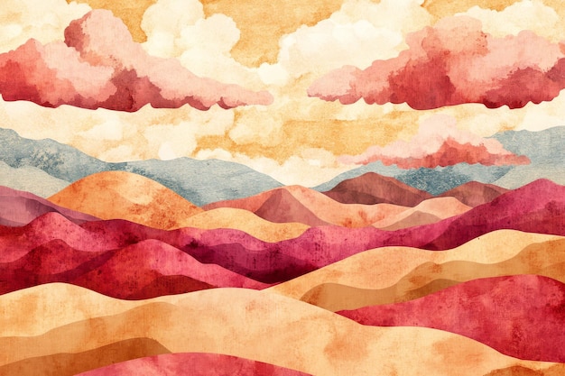 Watercolor Landscape of Pink and Orange Mountains Under a Cloudy Sky