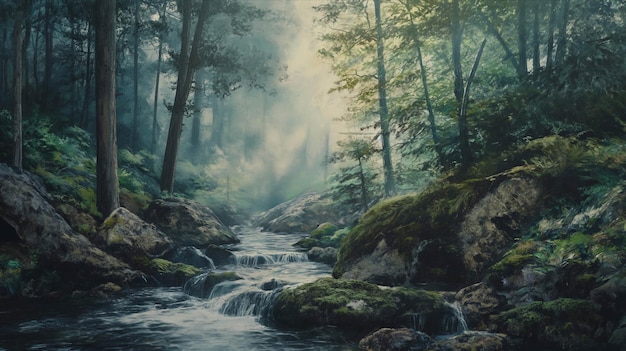 Watercolor paintings of nature forests mountains waterways
