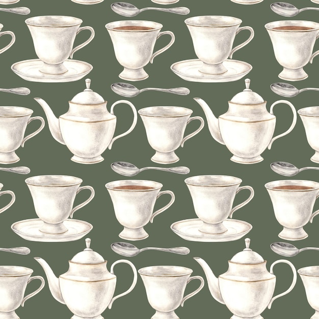 Watercolor pattern with a ceramic mug plate teapot and spoon on a green background Illustration