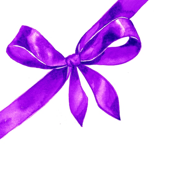 Watercolor satin violet bow on white background