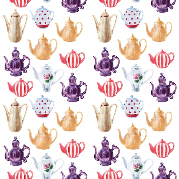 Watercolor seamless patterns with multicolored teapots