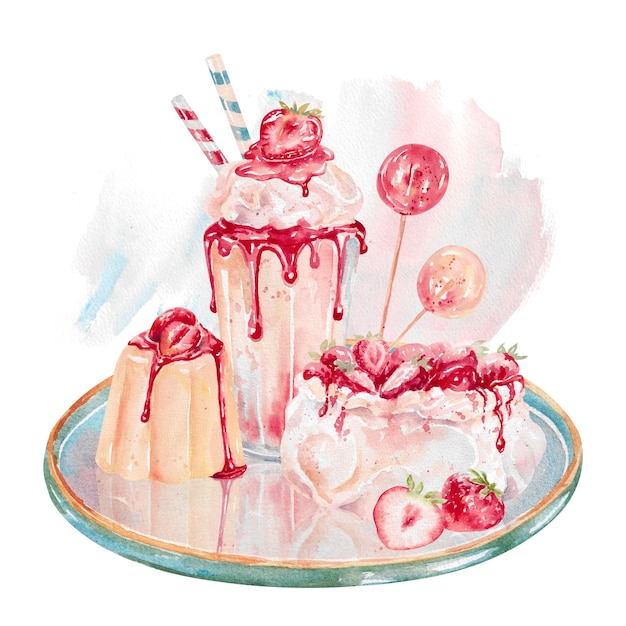 Watercolor sweet composition of strawberry meringue panna cotta milkshake and lollypops on white
