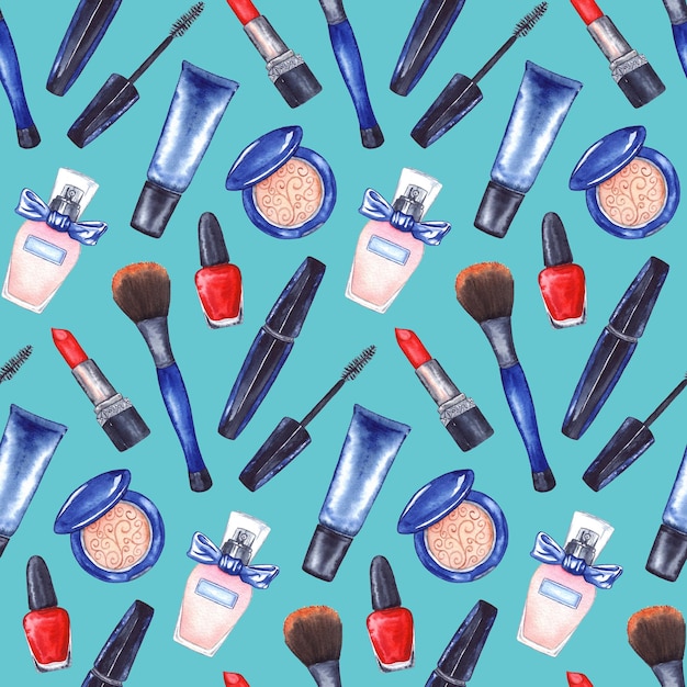 watercolor women's mascara cream tube red lipstick nail polish manicure cosmetics make up set seamless pattern texture background