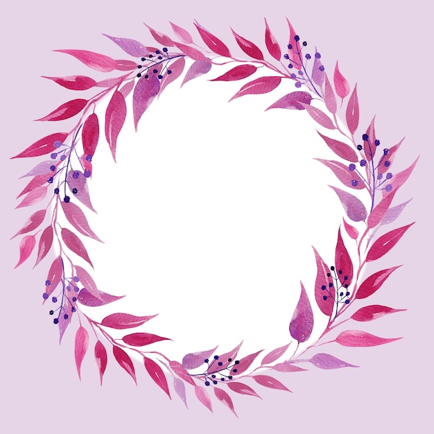 Watercolor wreath with pink and magenta leaves illusration sketch rose color purple color herbal ornament isolated on white background