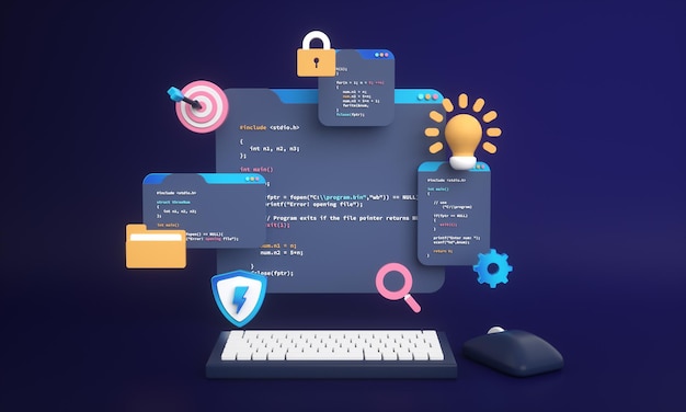 Web development programming code or app development and web design on computer for seo 3d background