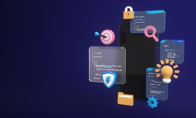 Web development programming code or app development and web design on phone for seo 3d background