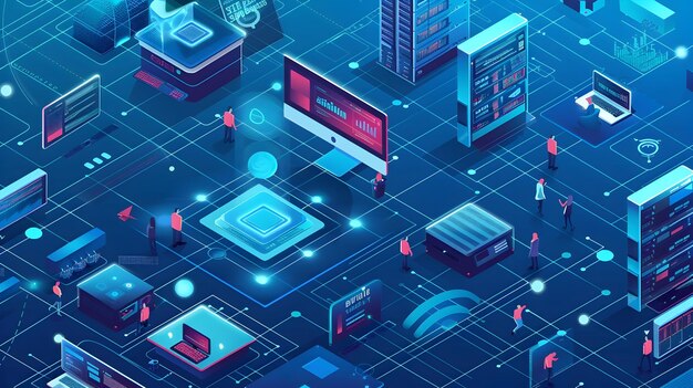 Web Hosting Scene Dynamic Isometric View of Busy Users Interacting with Website Windows and Buttons