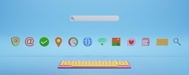 Web search engine with computer keyboard and internet symbols and icons