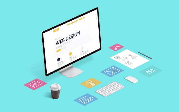Webbdesign företagssida layout isometrisk vy skrivbord Sidodelar på blått skrivbord