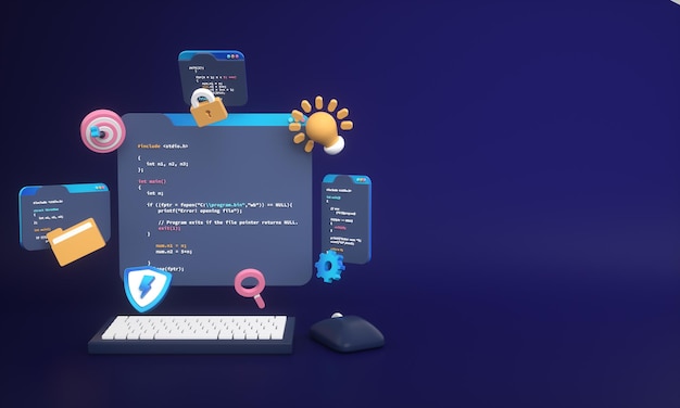 Webbutvecklingsprogrammeringskod eller apputveckling och webbdesign på dator för SEO 3D-bakgrund