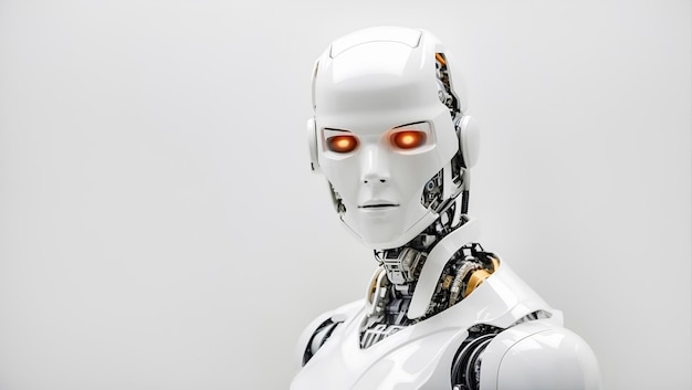 White and metallic robot with bright red glowing eyes on white background