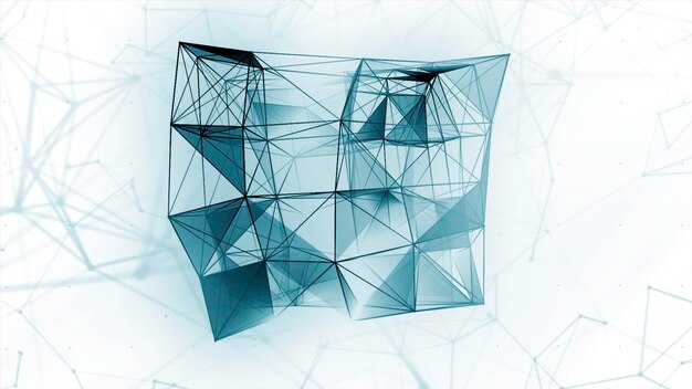 White background motion a blue square made of a thin web in animation that slowly spins